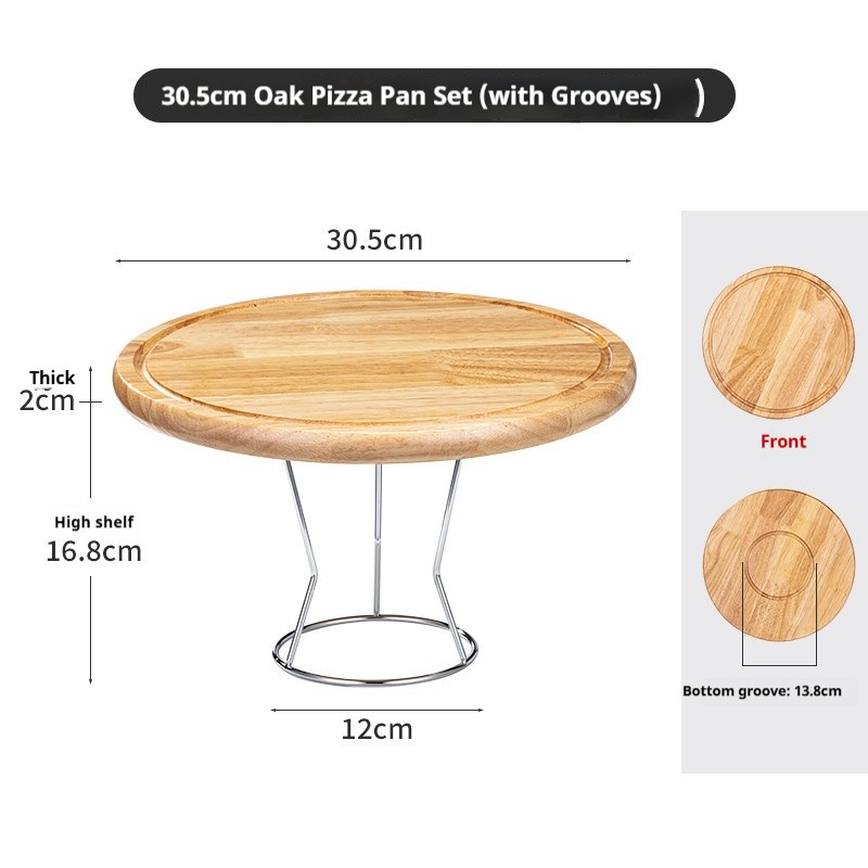 Plat à pizza en chêne 30,5 cm (12 po) avec rainure + support en acier inoxydable