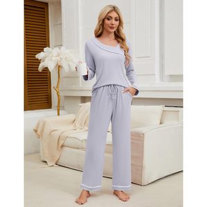 Women's <b>Pajama</b> Sets Soft Long Sleeve 2 Piece Lounge Wear Asymmetrical V Neck Sleepwear With Pockets Casual Home Wear - Product Image 3