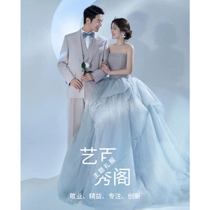 Strapless Ball Gown Wedding Dress Empire Waist Tulle Netting Blue Studio Theme Photography Couple Portrait - Product Image 2