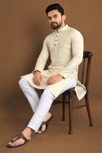 <b>Men's</b> Cream Cotton <b>Kurta</b> With White Churidar For Casual Wear Traditional Indian Pakistani Style Ankle-Length Regular Fit - Product Image 2