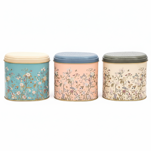 Kontensan Oval Metal <b>Storage</b> <b>Box</b> Set 140 X 120 X 130 mm 1.4L (Set of 3) Floral Design Pastel <b>Blue</b> Botanica Design - Product Image 2