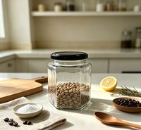 Stoples Kaca Heksagonal dengan Tutup Logam Hitam, Stoples Kaca Bening untuk Madu, Selai, Rempah-rempah, dan Makanan Kering untuk Penyimpanan Dapur
