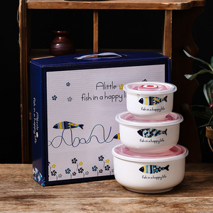 Ceramic Rice Bowl Fresh-keeping Bowl Three-piece Gift <b>Box</b> Gifts Food <b>Storage</b> Container - Product Image 5