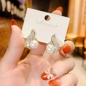 Real Gold Electroplating Silver Needle Pearl Zircon Trendy Party <b>Hook</b> Fishtail Water Drop Luxury <b>Earrings</b> - Product Image 3