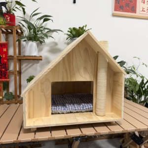 Wooden Indoor House With Scratching Post Cushion Natural Bed and Hideaway Modern Kitten Cave Play Centre - Product Image 2