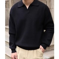 Polo tricoté décontracté pour homme, style vintage, à manches longues, col rabattu, anti-plis, col en V, pour l'automne