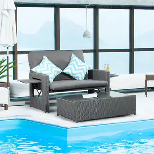 Allwetter Modern 2 Pcs Patio Liegende Wicker Loves eat Sofa Set Mit Lagerung Ottoman Sun Lounger Gartenmöbel Daybed