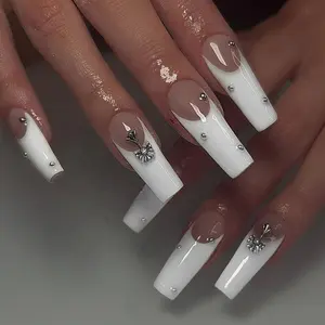 24PCS/Box Custom Logo White Line Gradient Fake French Nails Full Cover Luxury Acrylic Press On Nails With Glue