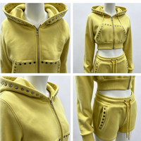 Ensemble de survêtement pour femme en molleton français surdimensionné et personnalisé, style Y2K streetwear, avec sweat à capuche zippé et détails cloutés, 2 pièces