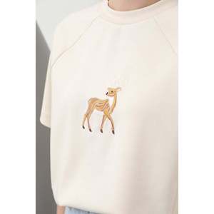 Soul Women's Elegant Sand Beige T-Shirt with Front Deer Embroidery - Comfortable Short Sleeve Crew Neck Top for Casual Wear - Product Image 6