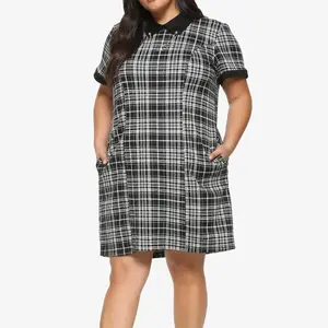 women clothing black & white plaid skull pins collared dress plus size