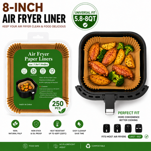 Papel de Horno Desechable de Doble Cara para Freidora de Aire, Cuadrado de 8 Pulgadas (20cm), Marrón, 38gsm, 250 Unidades, Calidad <span class=keywords><strong>Premium</strong></span>, Antiadherente para Panadería - Product Image 1