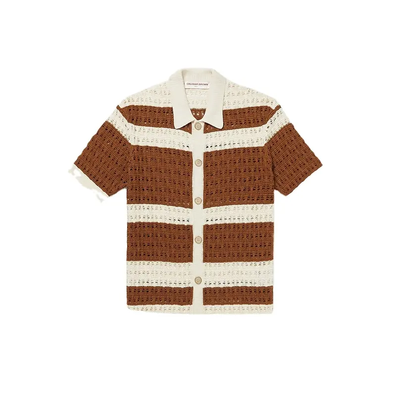 Pull à manches courtes pour homme, tricot Crochet et rayé, couleur brun, mélange de coton et lin, t-shirt tricoté