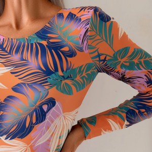 Maillot de bain une pièce pour femmes, imprimé floral, manches longues, en polyester, pour les vacances à la plage, les sources chaudes - Product Image 3