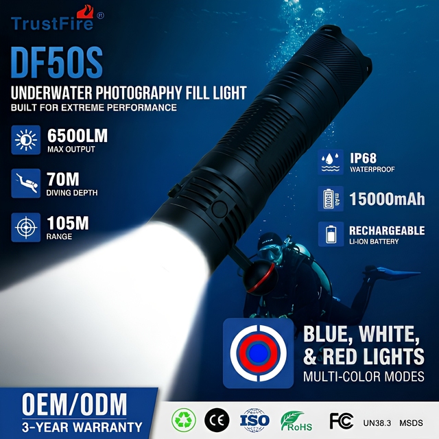 Powerful 6500LM 3-in-1 Waterproof UV Red Blue White Beam 70M Underwater Professional Night Photography Scuba Diving Flashlight