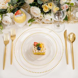 Assiette de présentation ronde en acrylique transparent de 13 pouces, écologique, moderne et luxueuse, avec perles dorées, pour dîner d'événement ou mariage - Product Image 6