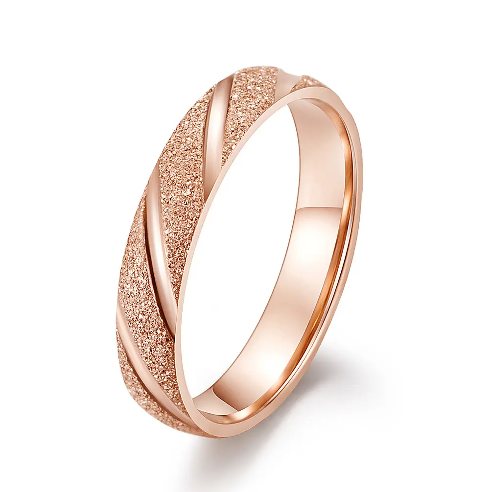 Sandblasted Silver Rose Gold Engraved Wedding Band Polished Domed Step Edge Comfort Fit Titanium Ring For Men Women Couple