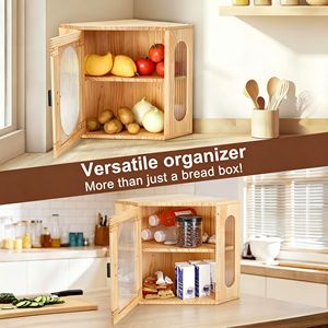 Corner Bamboo Eco-Friendly Durable Modern <strong>Bread</strong> Box 2-Tier Space Saving 90 Degree Adjustable Shelf Reeded Glass <strong>Bread</strong> <strong>Bin</strong> - Product Image 2