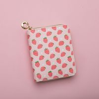Portefeuille court à fermeture éclair avec imprimé de fraises mignonnes, porte-cartes en cuir PU, mini porte-monnaie, petit sac à monnaie portable pour filles