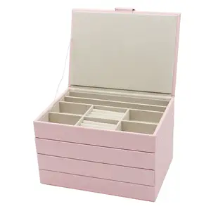 定制奢华优质粉色长方形首饰盒包装多层宫廷首饰盒精致首饰盒