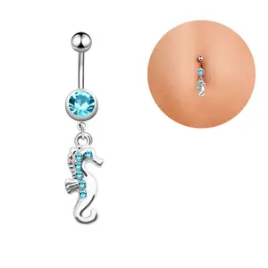 新款动物海马吊带肚脐戒指蓝色水晶脐带圈肚脐穿孔饰品礼品