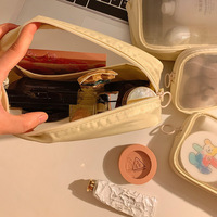 Trousse de Toilette Portable Pliable en Polyester Maille Beige avec Fermeture Éclair, Grande Taille pour Bouteilles, Logo Personnalisé, Kit de Voyage Transparent