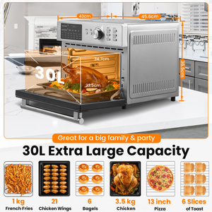 Friteuses à air intelligentes 30L numériques électriques 21-en-1, four grille-pain à convection, rôtissoire, déshydrateur, cuisson, grillage, toasts - Product Image 2