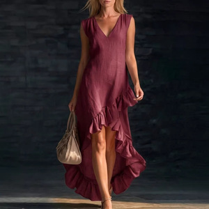 Vestido Maxi de Verano para Mujer, Tallas Grandes, Sin Mangas, Cuello en V, con Volantes en el Bajo, Asimétrico, de Algodón y Lino, Dropshipping Shopify - Product Image 4
