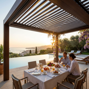 Pérgola de Aluminio con Acabado de Madera de Lujo, Techo de Láminas Motorizadas, Gazebo para Jardín HW-002Y, Estética Realista de Madera, Aluminio Premium - Product Image 2