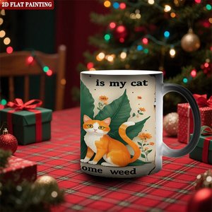 Frosted Black 11oz Ceramic <b>Mug</b> Color <b>Changing</b> <b>Heat</b> Sensitive Cup Cat Design 2D Flat Painting - Product Image 2