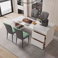 Table de salle à manger rectangulaire en bois massif crème avec îlot central, comptoir intégré, plateau tournant rétractable et espace de rangement pour cuisine moderne ou bar