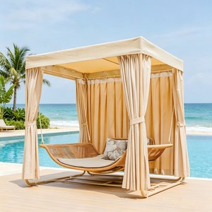 <span class=keywords><strong>Lit</strong></span> de repos <span class=keywords><strong>suspendu</strong></span> double en rotin et aluminium, résistant aux intempéries, avec rideaux d'ombrage pour jardin en bord de mer - Product Image 5