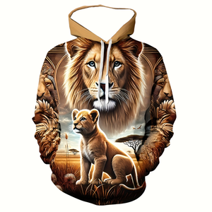 Felpa con Cappuccio Personalizzata con Motivo <span class=keywords><strong>Leone</strong></span> Cartoon Stampato in 3D e Chiusura a Coulisse - Product Image 1