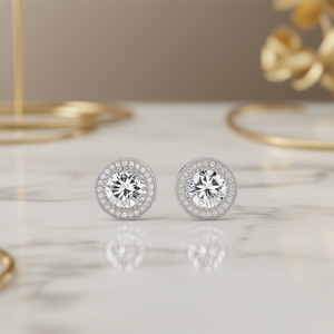 Orecchini a lobo E679 in oro bianco con diamanti taglio brillante rotondo, montatura circolare, gioielli raffinati da donna - Product Image 2