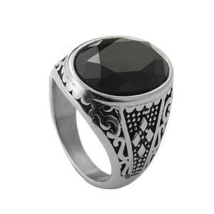 European American Style Men's <b>Titanium</b> Steel Oval <b>Ring</b> <b>Black</b> Gemstone Bezel Setting Geometric Design Gift Jewelry 21006 - Product Image 5