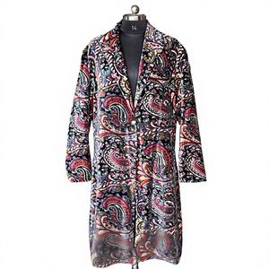 Breathable Long <b>Vintage</b> Paisley Printed Velvet <b>Trench</b> <b>Coat</b> Notched Collar Single-Breasted with Metallic Buttons Polyester Lining - Product Image 1