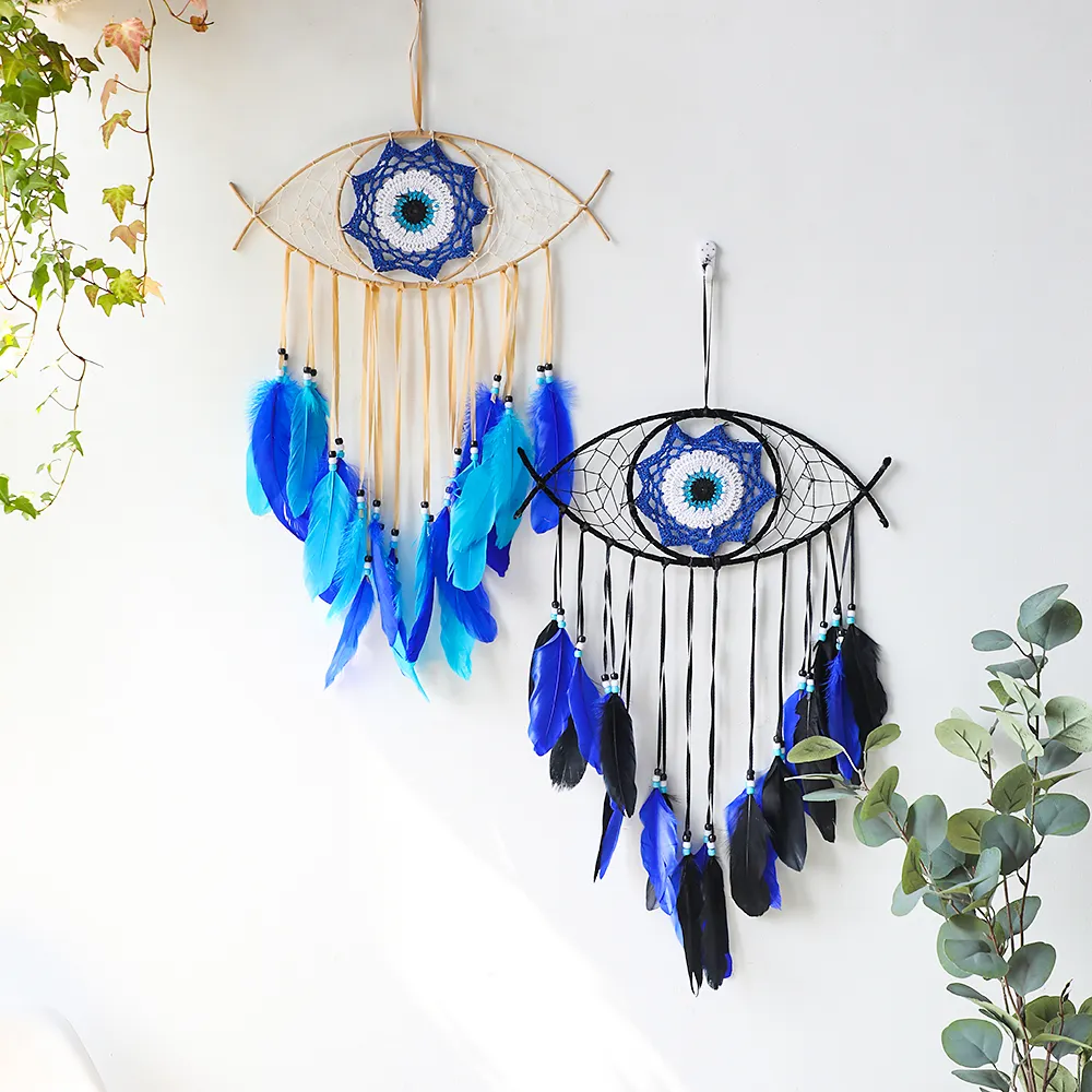 Evil Eyes Dream Catcher Moon Star Wall Hanging Handmade Feather Dream Catcher Wind Chimes With Turquoise Pendant Home Decoration