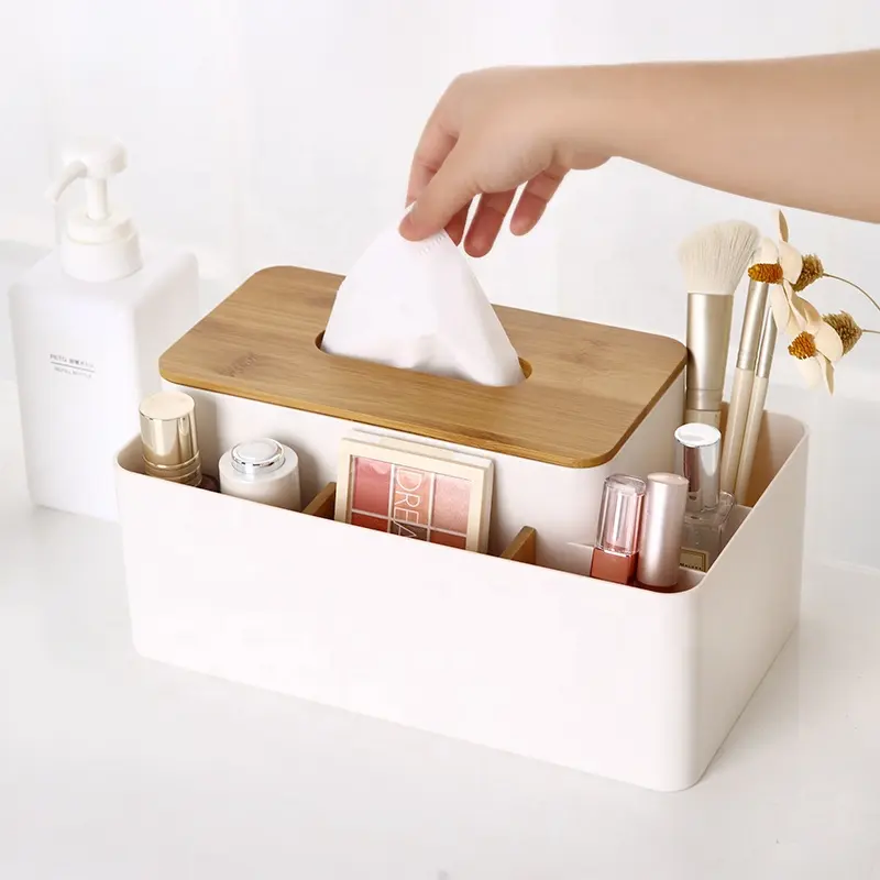Creative House PP remote control tissue pen memo storage box plastic stationery desk office organizer with bamboo lid