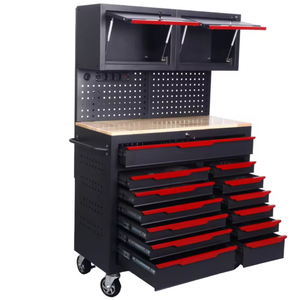 Armoire à outils roulante industrielle robuste, poste de travail avec 15 tiroirs, plan de travail en <span class=keywords><strong>bois</strong></span>, panneau perforé, armoire murale rabattable, <span class=keywords><strong>garage</strong></span>, OEM, 300 kg - Product Image 1