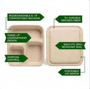 Boîte à lunch carrée à 3 compartiments en <span class=keywords><strong>fibre</strong></span> <span class=keywords><strong>de</strong></span> canne à sucre, plateau alimentaire tri-sectionnel avec couvercle pour la livraison et la restauration – Meilleure vente - Product Image 4