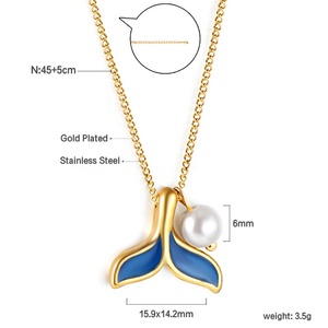 Colliers de perles plaqués or 18 carats vintage, pendentif personnalisé queue de poisson bleue, bijoux hip-hop tendance pour hommes et femmes - Product Image 2