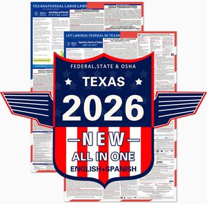 Affiche des lois du <span class=keywords><strong>travail</strong></span> fédéral et étatuel du Texas 2026, conforme à la norme OSHA, laminée, en anglais et en espagnol, lot complet - Product Image 1