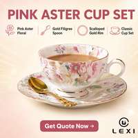 Cangkir Teh LEXI Pink Aster Floral dengan Piring, Sendok Berhias Emas, Tepi Bergelombang, Porselen Klasik Tahan Lama 200ml, Kotak Hadiah