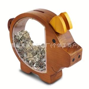 Hucha de madera maciza con ventana de cristal para niños, caja de ahorro con forma de cerdito para guardar monedas - Product Image 1
