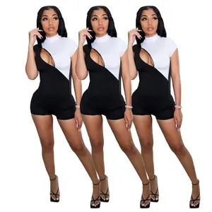 uygun giyim online Suppliers-Uygun fiyatlı 1 parça şort kıyafet asimetrik siyah beyaz Rompers Hollow Out seksi kontrast renkler tulum kadınlar için