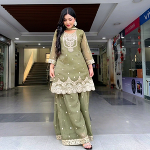 Conjunto de Salwar Kameez para Mujer con Bordado Intenso, Dupatta Verde Oliva, Traje Étnico para Bodas y Fiestas - Product Image 1