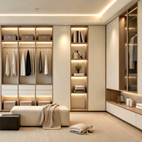 Système de dressing moderne de luxe pour chambre principale, armoire en bois et verre avec éclairage LED
