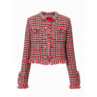 Ensemble 2 pièces vintage de luxe en tweed à carreaux avec veste courte à col perlé et bordure à franges et jupe midi pour femme, idéal pour les réunions professionnelles