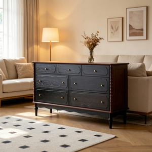 Vintage Black 7-<b>Drawer</b> Dresser, Farmhouse Sideboard with Bobbin Details & Gold Knobs - Product Image 1