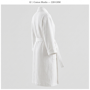 Albornoz de Lujo de Muselina de Algodón 220GSM con Cuello Chal, Ligero, Transpirable, Unisex, para Hotel y Spa, Blanco - Product Image 6